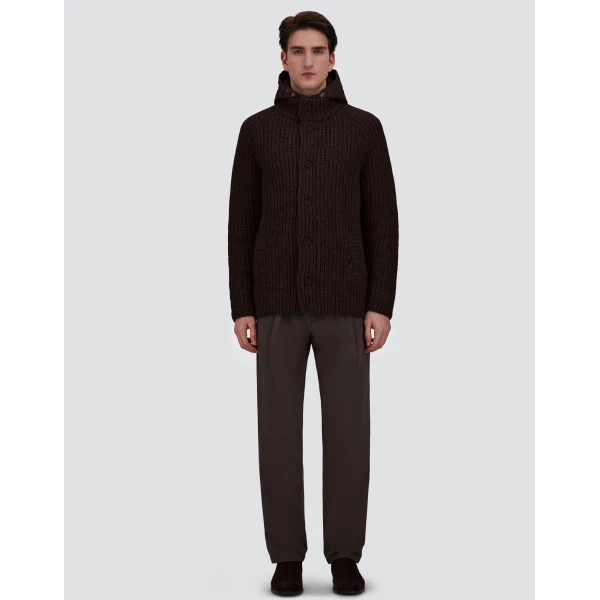 Herno Wool Jacket with Raised Texture and Cable-Knit Detailing in Dark Brown | Men's Jackets | Luxury Shoes 