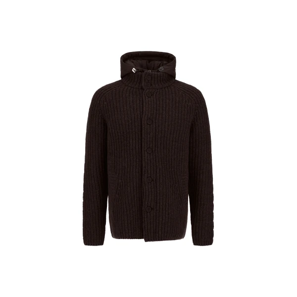 Wool Jacket with Raised Texture and Cable-Knit Detailing in Dark Brown