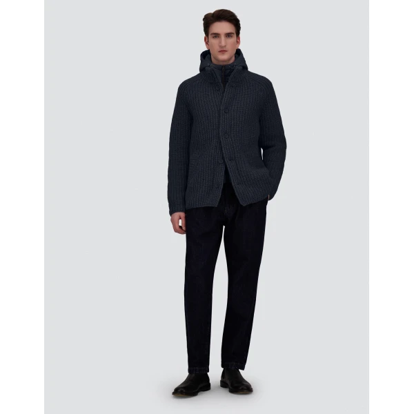 Herno Wool Jacket with Raised Texture and Cable-Knit Detailing in Navy Blue | Men's Jackets | Luxury Shoes 
