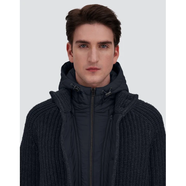 Herno Wool Jacket with Raised Texture and Cable-Knit Detailing in Navy Blue | Men's Jackets | Luxury Shoes 