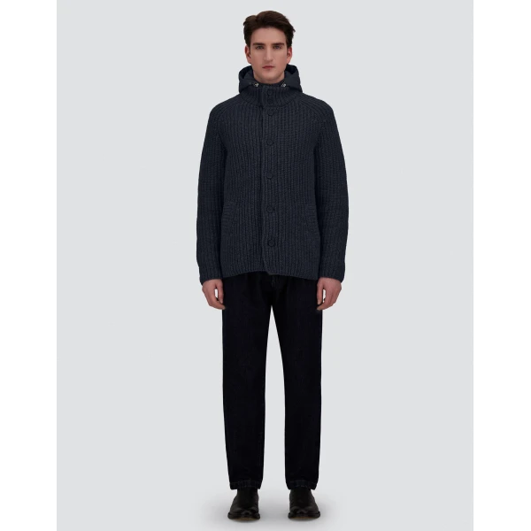 Herno Wool Jacket with Raised Texture and Cable-Knit Detailing in Navy Blue | Men's Jackets | Luxury Shoes 