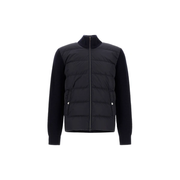 Wool Jacket with a Waffle-Knit Texture and Nylon in Dark Blue