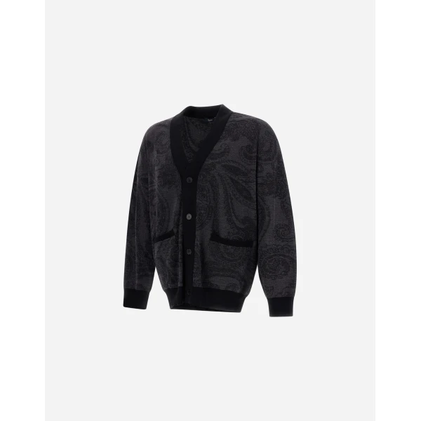 Herno Wool Jacquard Cardigan with Paisley Motif in Black | Men's Knitwear | Luxury Shoes 