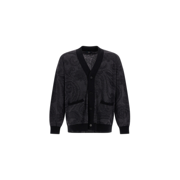 Herno Wool Jacquard Cardigan with Paisley Motif in Black | Men's Knitwear | Luxury Shoes 