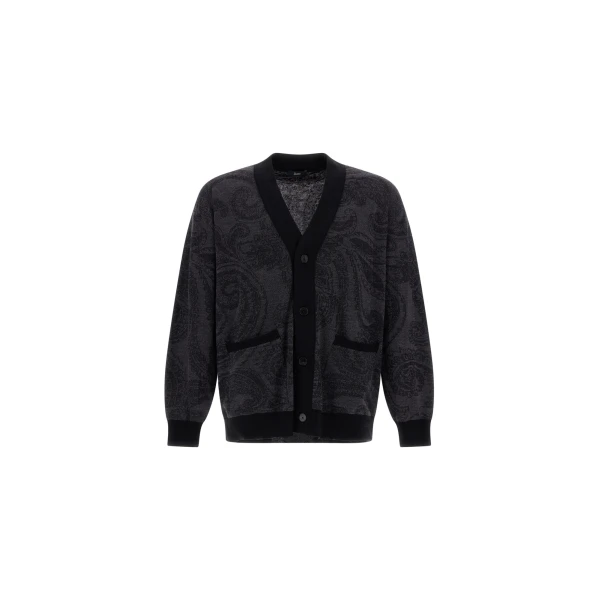 Wool Jacquard Cardigan with Paisley Motif in Black