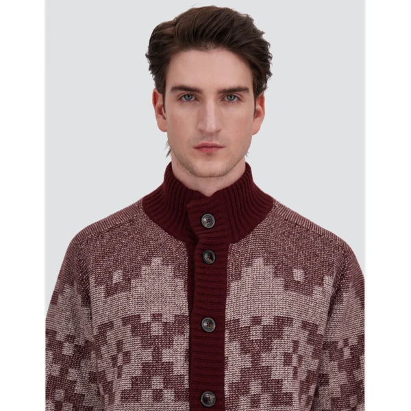 Herno Wool and Cashmere Cardigan with Norwegian Pattern in Bordeaux | Men's Knitwear | Luxury Shoes 
