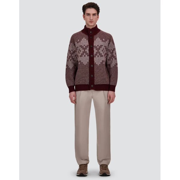 Herno Wool and Cashmere Cardigan with Norwegian Pattern in Bordeaux | Men's Knitwear | Luxury Shoes 
