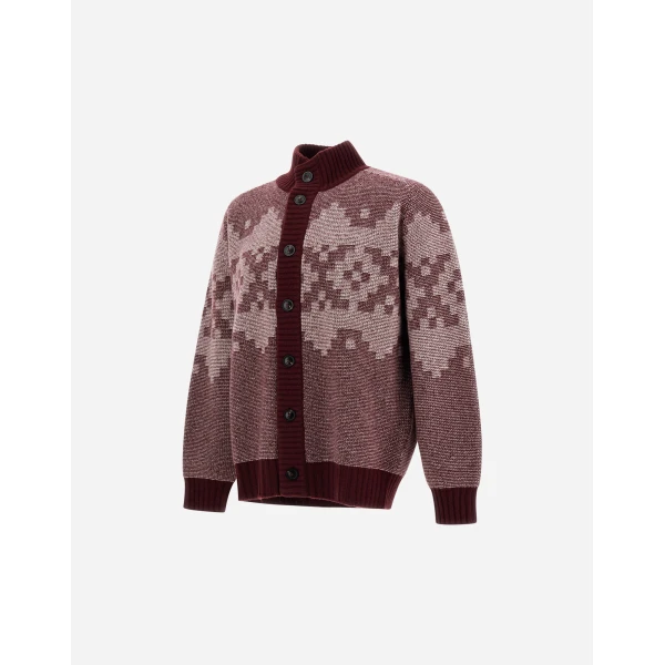 Herno Wool and Cashmere Cardigan with Norwegian Pattern in Bordeaux | Men's Knitwear | Luxury Shoes 