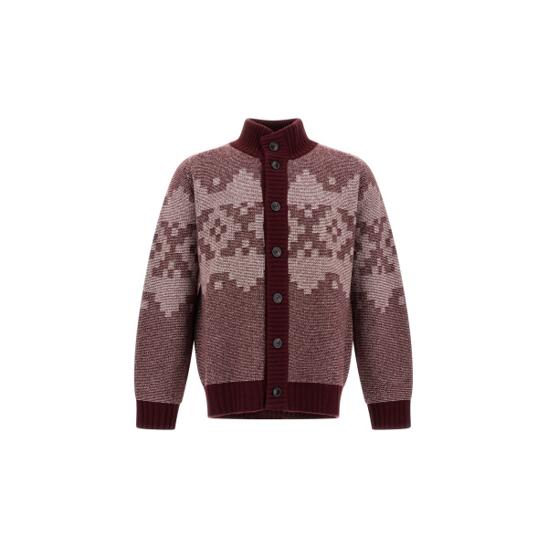 Herno Wool and Cashmere Cardigan with Norwegian Pattern in Bordeaux | Men's Knitwear | Luxury Shoes 