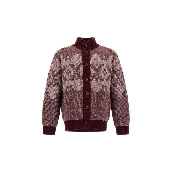 Herno Wool and Cashmere Cardigan with Norwegian Pattern in Bordeaux | Men's Knitwear | Luxury Shoes 