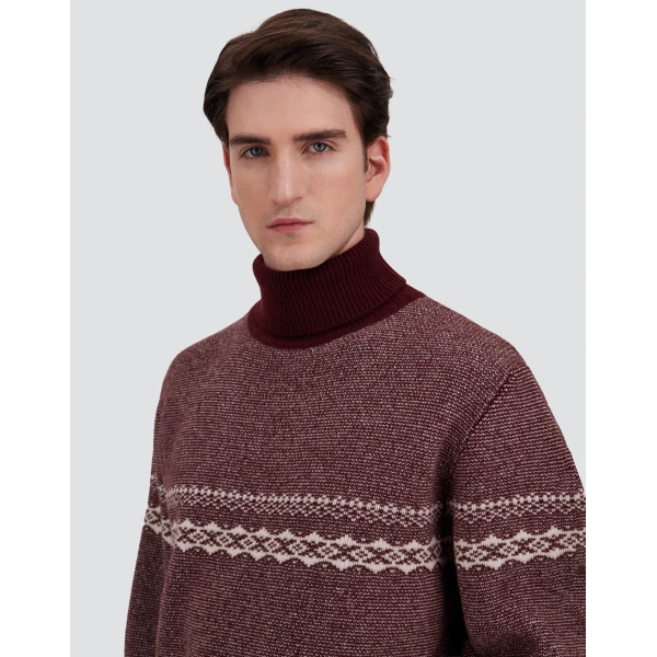Herno Wool and Cashmere Roll-Neck Jumper with Norwegian Pattern in Bordeaux | Men's Knitwear | Luxury Shoes 