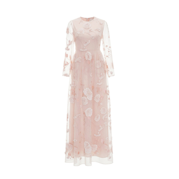 Huishan Zhang Delphi Gown in Pink Flower Embroidered Organza | Evening Gowns | Luxury Shoes 