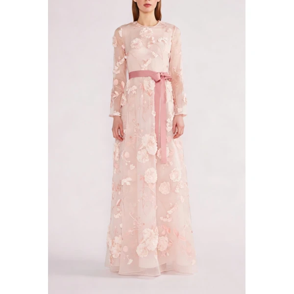 Huishan Zhang Delphi Gown in Pink Flower Embroidered Organza | Evening Gowns | Luxury Shoes 