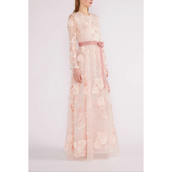 Huishan Zhang Delphi Gown in Pink Flower Embroidered Organza | Evening Gowns | Luxury Shoes 