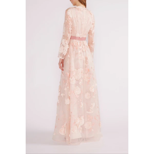 Huishan Zhang Delphi Gown in Pink Flower Embroidered Organza | Evening Gowns | Luxury Shoes 