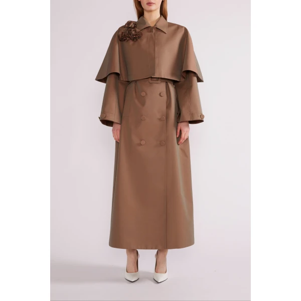 Huishan Zhang Eden Coat in Brown Embroidered Cotton Trench | Trench Coat | Luxury Shoes 