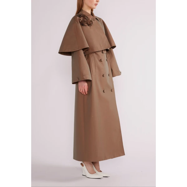 Huishan Zhang Eden Coat in Brown Embroidered Cotton Trench | Trench Coat | Luxury Shoes 