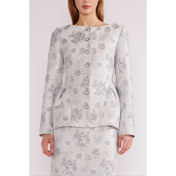 Huishan Zhang Mara Jacket in Light Blue Jacquard | Jackets | Luxury Shoes 