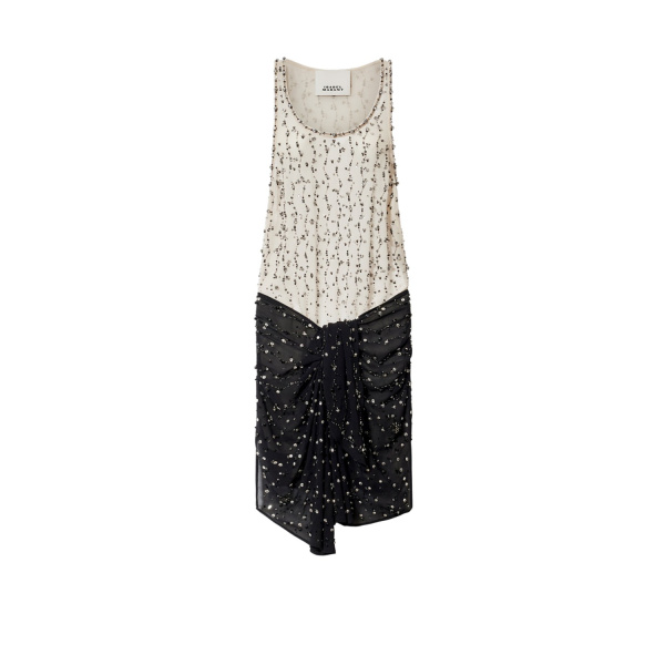 Isabel Marant Milea Silk Dress in Black and Ecru | Women | Luxury Shoes 