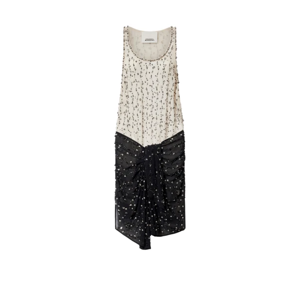 Isabel Marant Milea Silk Dress in Black and Ecru | Women | Luxury Shoes 