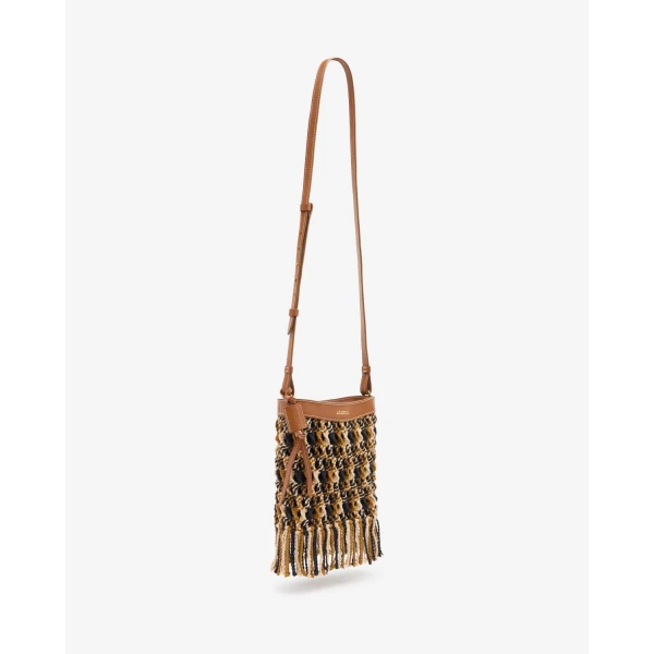 Isabel Marant Noli Bag in Macrame and Leather, Multicolor Brown | Bucket Bags | Luxury Shoes 
