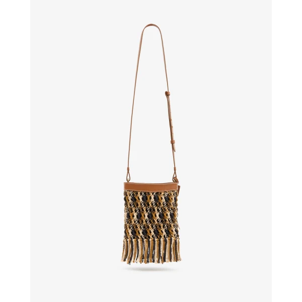 Isabel Marant Noli Bag in Macrame and Leather, Multicolor Brown | Bucket Bags | Luxury Shoes 