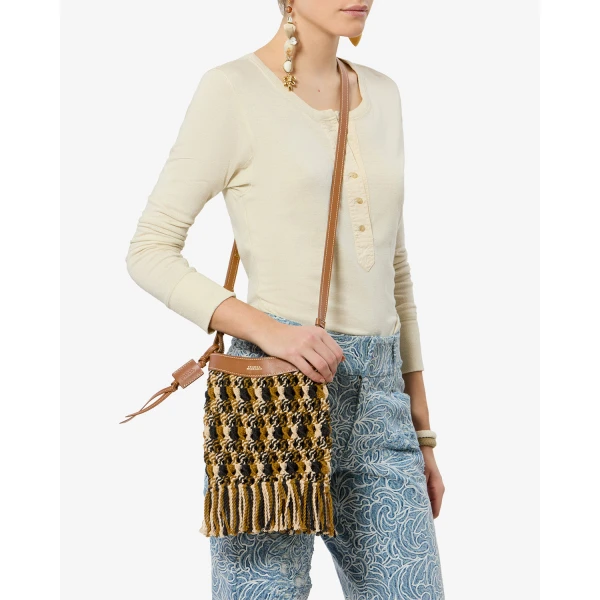 Isabel Marant Noli Bag in Macrame and Leather, Multicolor Brown | Bucket Bags | Luxury Shoes 