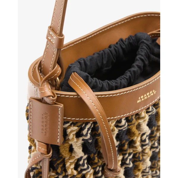 Isabel Marant Noli Bag in Macrame and Leather, Multicolor Brown | Bucket Bags | Luxury Shoes 