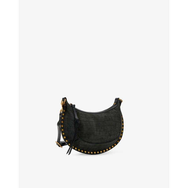 Isabel Marant Oskan Moon Bag in Crocodile-Effect Velvet Leather, Black | Shoulder & Crossbody Bags | Luxury Shoes 