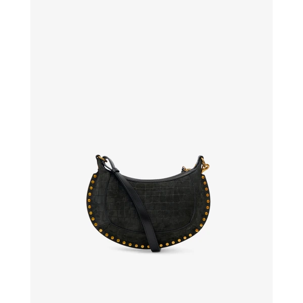 Isabel Marant Oskan Moon Bag in Crocodile-Effect Velvet Leather, Black | Shoulder & Crossbody Bags | Luxury Shoes 