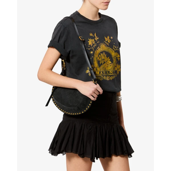 Isabel Marant Oskan Moon Bag in Crocodile-Effect Velvet Leather, Black | Shoulder & Crossbody Bags | Luxury Shoes 