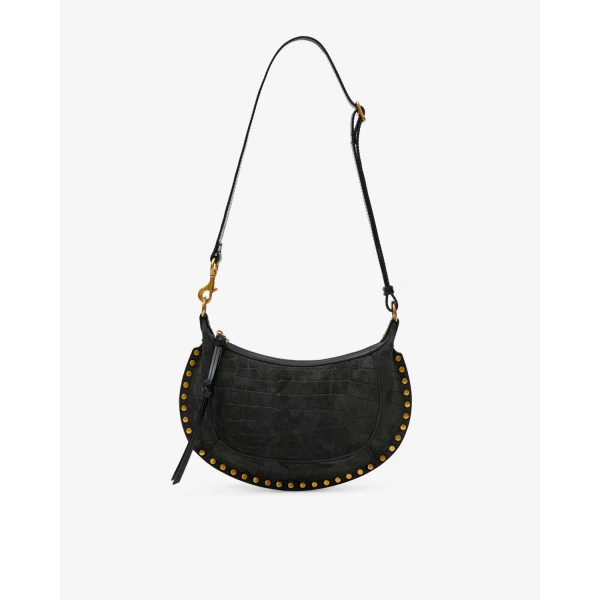 Isabel Marant Oskan Moon Bag in Crocodile-Effect Velvet Leather, Black | Shoulder & Crossbody Bags | Luxury Shoes 