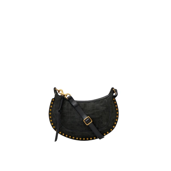 Isabel Marant Oskan Moon Bag in Crocodile-Effect Velvet Leather, Black | Women | Luxury Shoes 