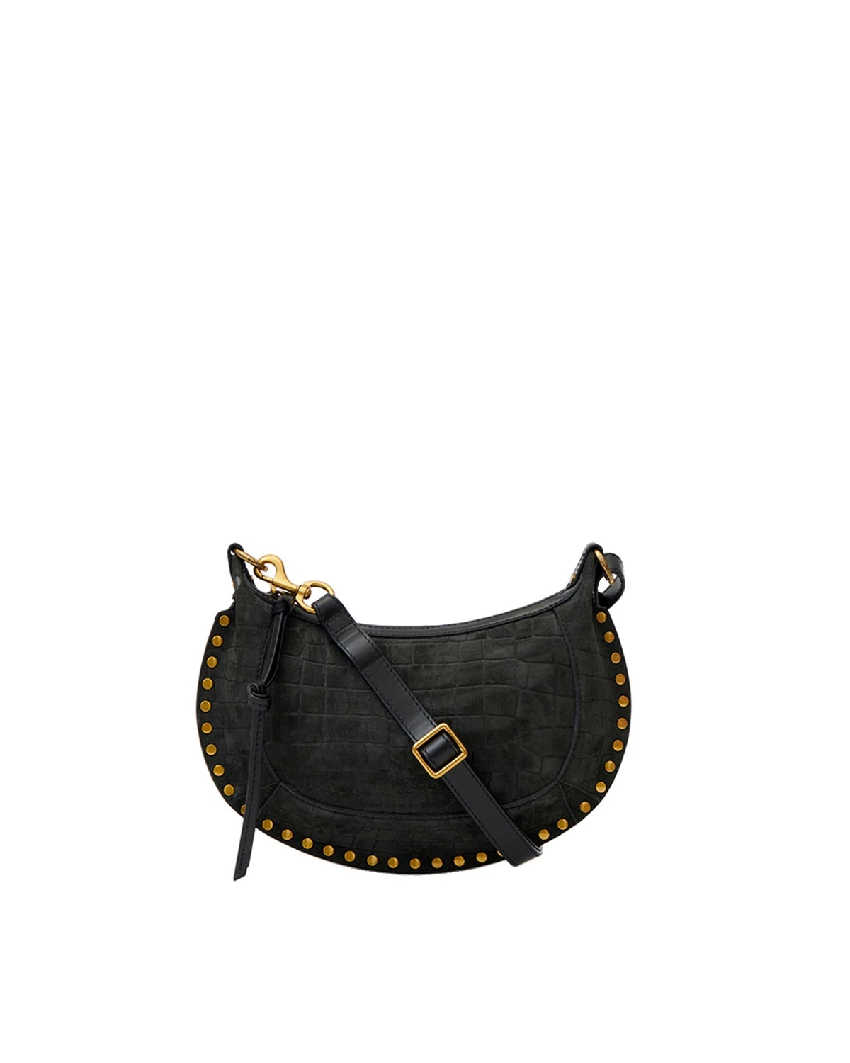 Isabel Marant Oskan Moon Bag in Crocodile-Effect Velvet Leather, Black Isabel Marant Oskan Moon Bag in Crocodile-Effect Velvet Leather, Black | Women | Luxury Shoes