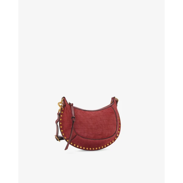 Isabel Marant Oskan Moon Bag in Crocodile-Effect Velvet Leather, Cherry | Shoulder & Crossbody Bags | Luxury Shoes 