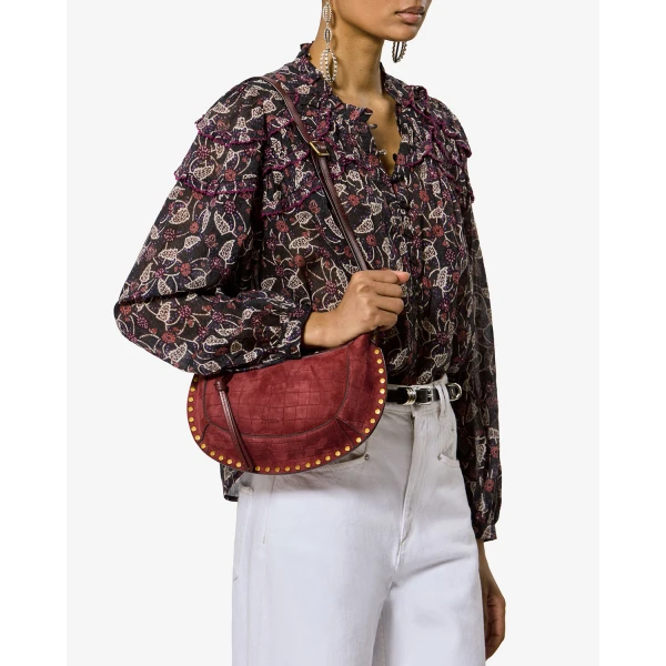 Isabel Marant Oskan Moon Bag in Crocodile-Effect Velvet Leather, Cherry | Shoulder & Crossbody Bags | Luxury Shoes 
