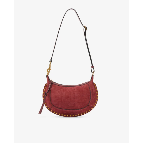Isabel Marant Oskan Moon Bag in Crocodile-Effect Velvet Leather, Cherry | Shoulder & Crossbody Bags | Luxury Shoes 