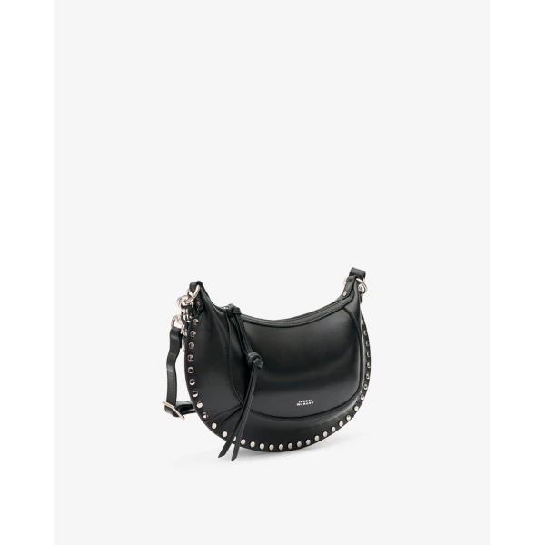 Isabel Marant Oskan Moon Bag in Grained Leather, Black and Silver | Shoulder & Crossbody Bags | Luxury Shoes 