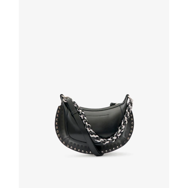 Isabel Marant Oskan Moon Bag in Grained Leather, Black and Silver | Shoulder & Crossbody Bags | Luxury Shoes 