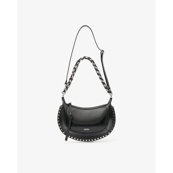 Isabel Marant Oskan Moon Bag in Grained Leather, Black and Silver | Shoulder & Crossbody Bags | Luxury Shoes 