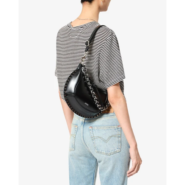Isabel Marant Oskan Moon Bag in Grained Leather, Black and Silver | Shoulder & Crossbody Bags | Luxury Shoes 