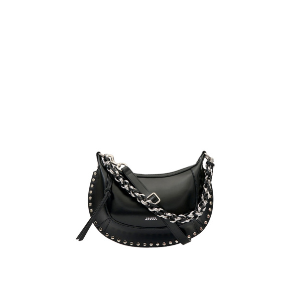 Isabel Marant Oskan Moon Bag in Grained Leather, Black and Silver | Women | Luxury Shoes 