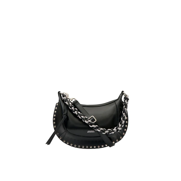 Isabel Marant Oskan Moon Bag in Grained Leather, Black and Silver | Women | Luxury Shoes 