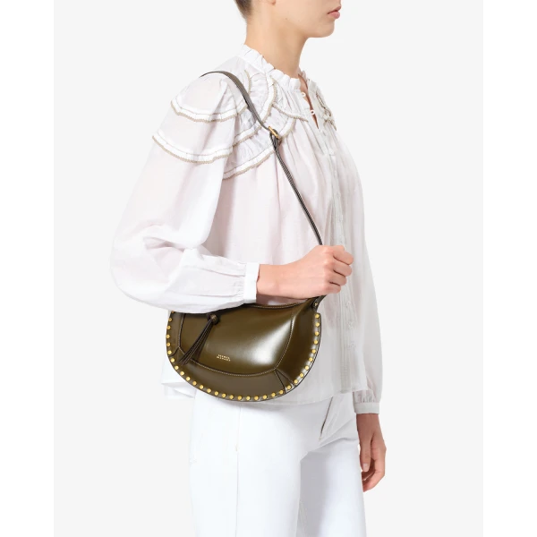 Isabel Marant Oskan Moon Bag in Leather, Dark Olive | Shoulder & Crossbody Bags | Luxury Shoes 