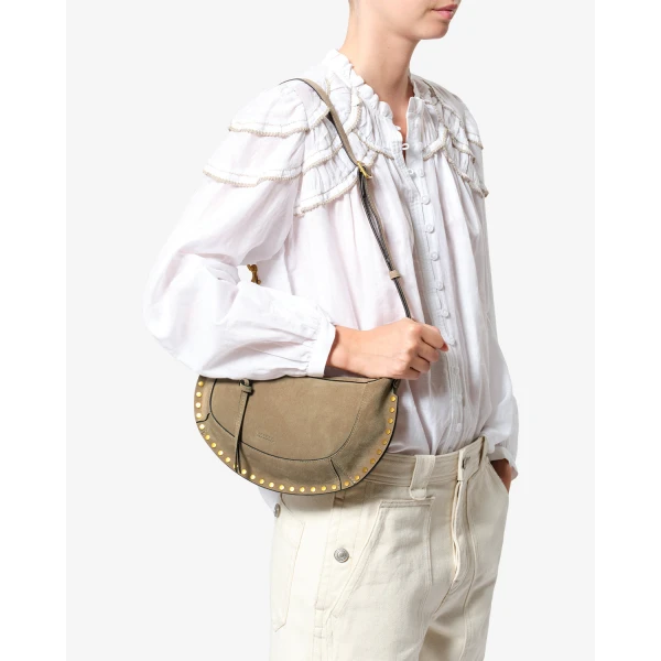 Isabel Marant Oskan Moon Bag in Suede Leather, Smoky Taupe | Shoulder & Crossbody Bags | Luxury Shoes 