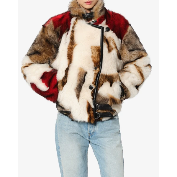 Isabel Marant Roama Shearling Coat in Ecru and Red | Coats | Luxury Shoes 