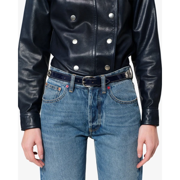 Isabel Marant Zap Leather Belt in Dark Blue and Palladium | Belts | Luxury Shoes 