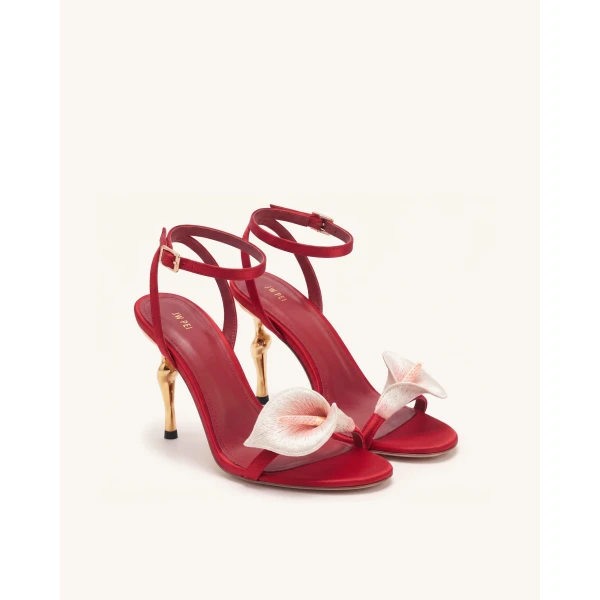 JW PEI Alivia Calla Lily Gold Metal Heel Sandals in Red | Sandals | Luxury Shoes 