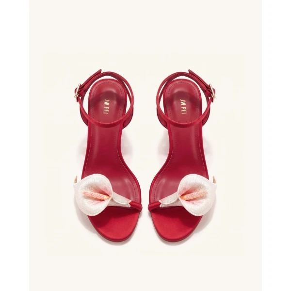 JW PEI Alivia Calla Lily Gold Metal Heel Sandals in Red | Sandals | Luxury Shoes 
