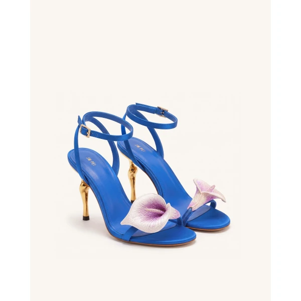 JW PEI Alivia Calla Lily Gold Metal Heel Sandals in Royal Blue | Sandals | Luxury Shoes 